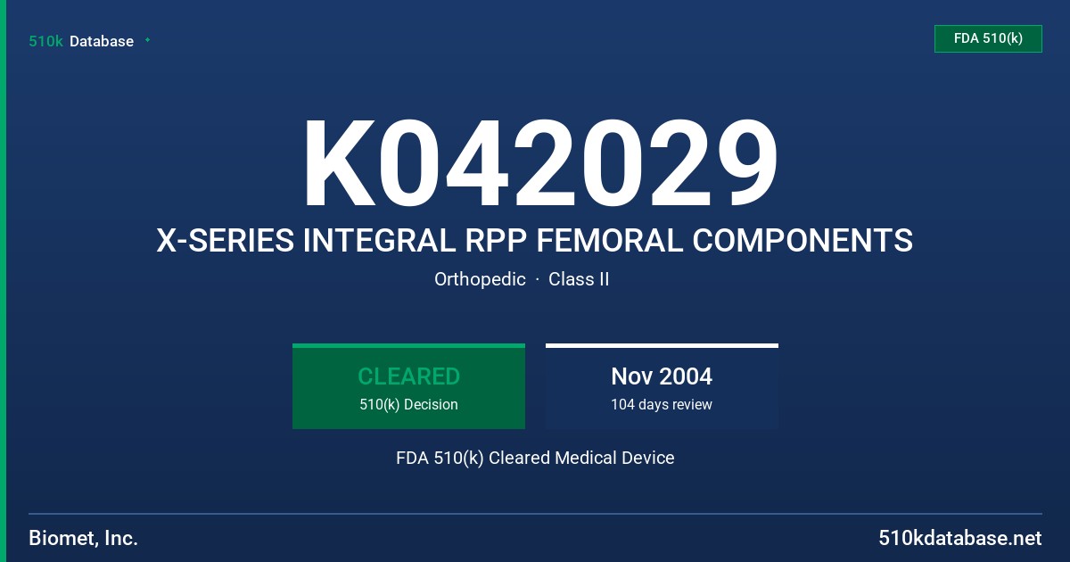 K042029 X-SERIES INTEGRAL RPP FEMORAL COMPONENTS FDA 510(k) Cleared Medical Device