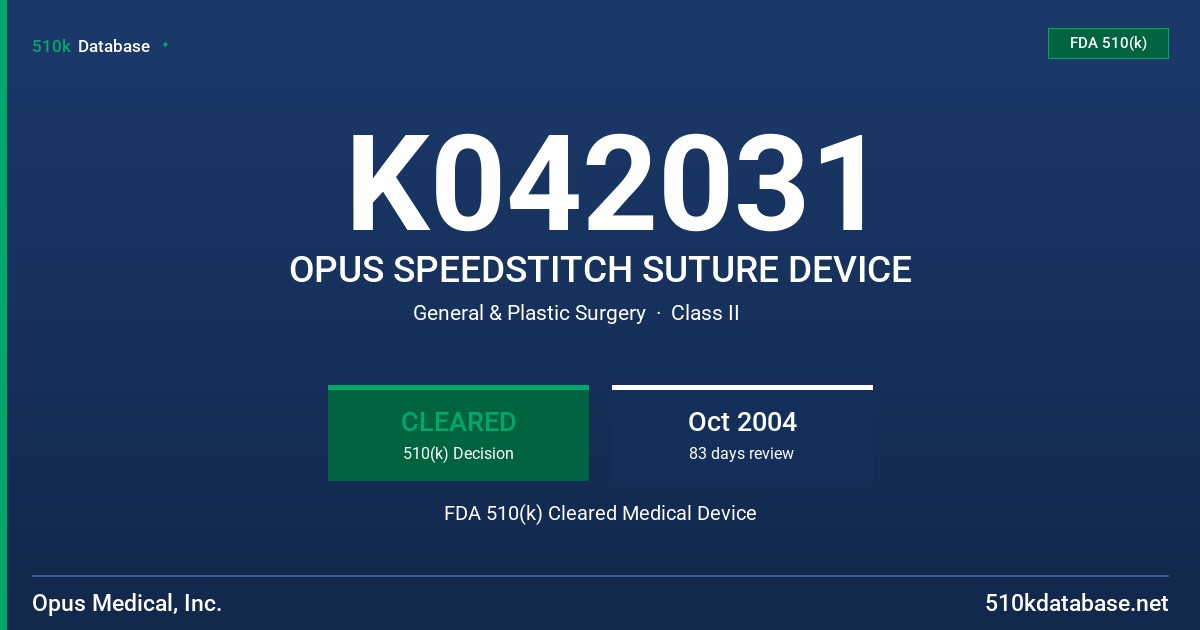 K042031 OPUS SPEEDSTITCH SUTURE DEVICE FDA 510(k) Cleared Medical Device