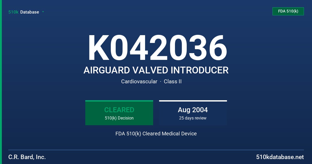 K042036 AIRGUARD VALVED INTRODUCER FDA 510(k) Cleared Medical Device
