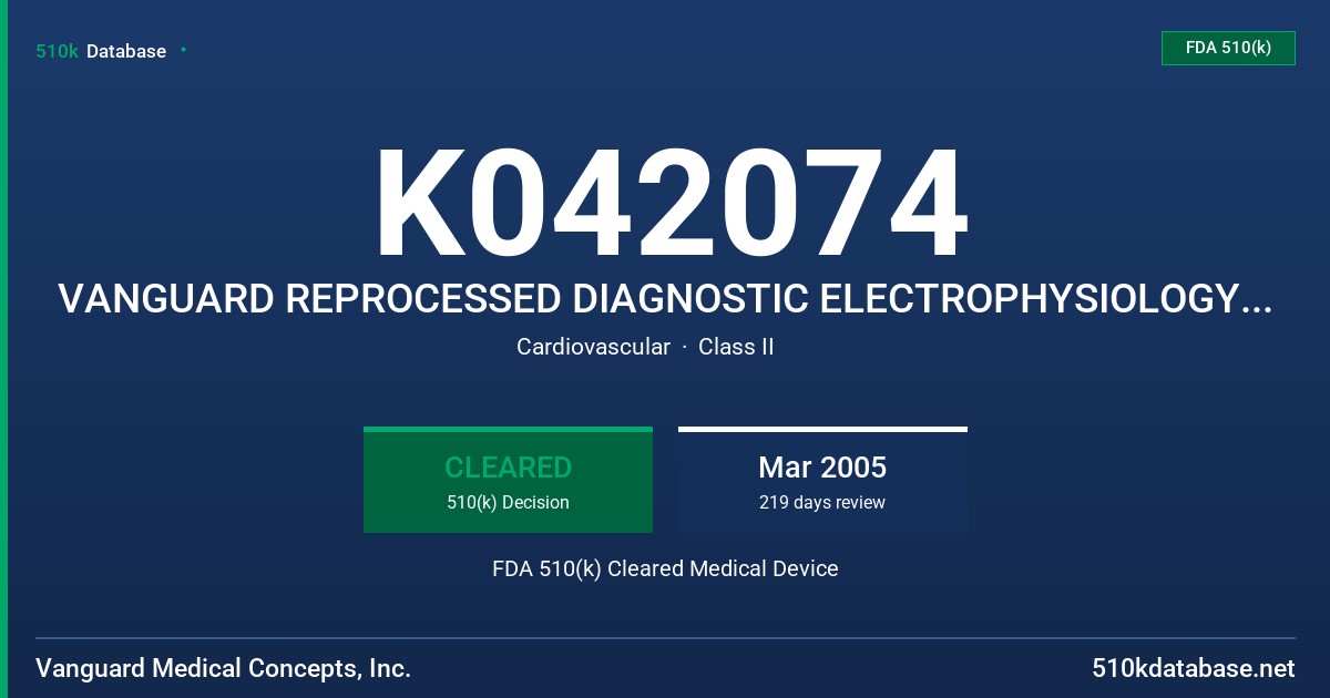 K042074 VANGUARD REPROCESSED DIAGNOSTIC ELECTROPHYSIOLOGY CATHETERS FDA 510(k) Cleared Medical Device