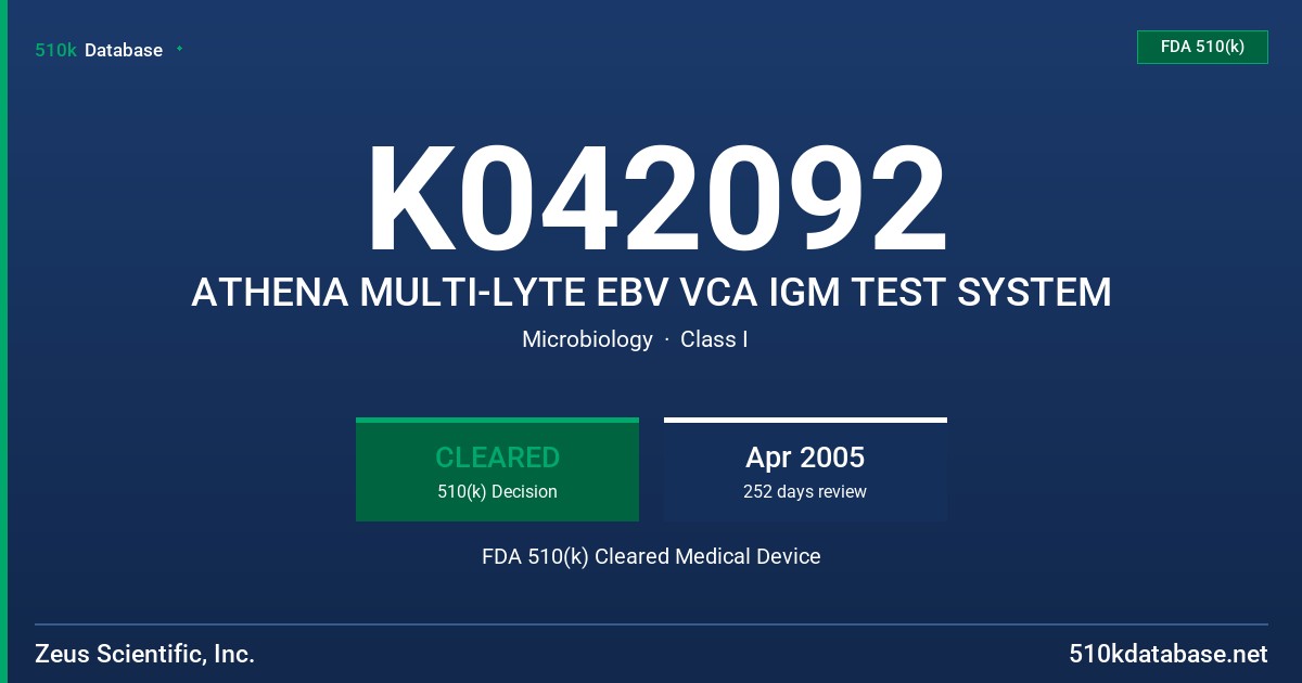 K042092 ATHENA MULTI-LYTE EBV VCA IGM TEST SYSTEM FDA 510(k) Cleared Medical Device