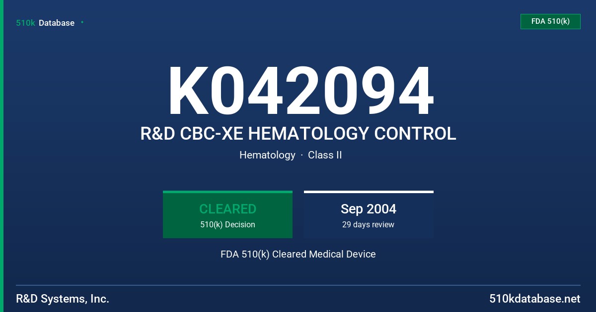 K042094 R&D CBC-XE HEMATOLOGY CONTROL FDA 510(k) Cleared Medical Device