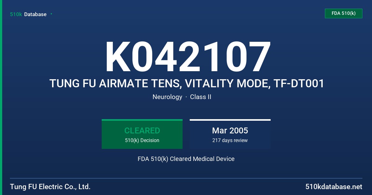 K042107 TUNG FU AIRMATE TENS, VITALITY MODE, TF-DT001 FDA 510(k) Cleared Medical Device