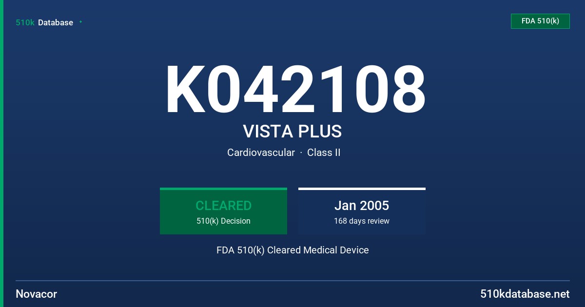 K042108 VISTA PLUS FDA 510(k) Cleared Medical Device