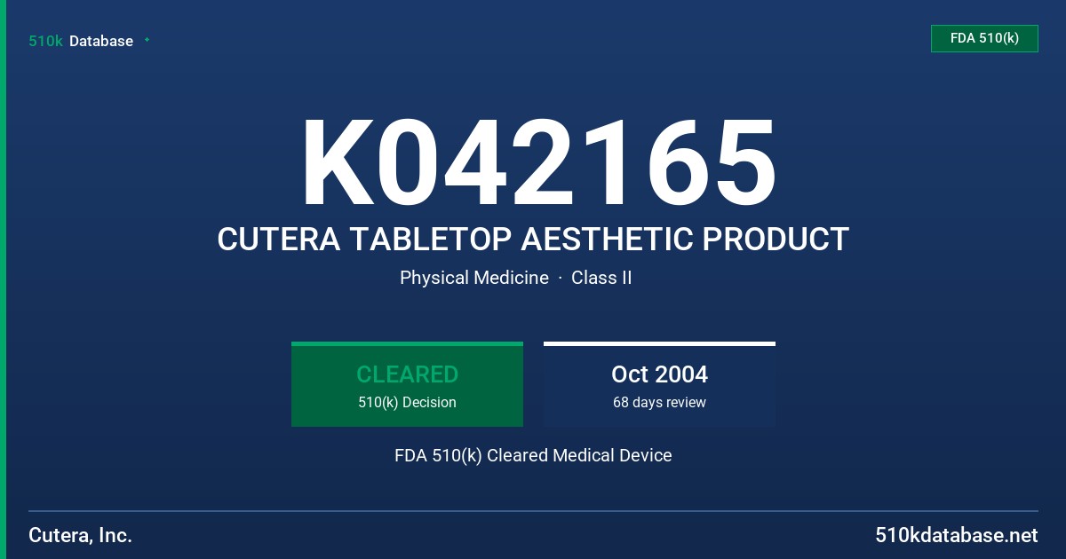 K042165 CUTERA TABLETOP AESTHETIC PRODUCT FDA 510(k) Cleared Medical Device
