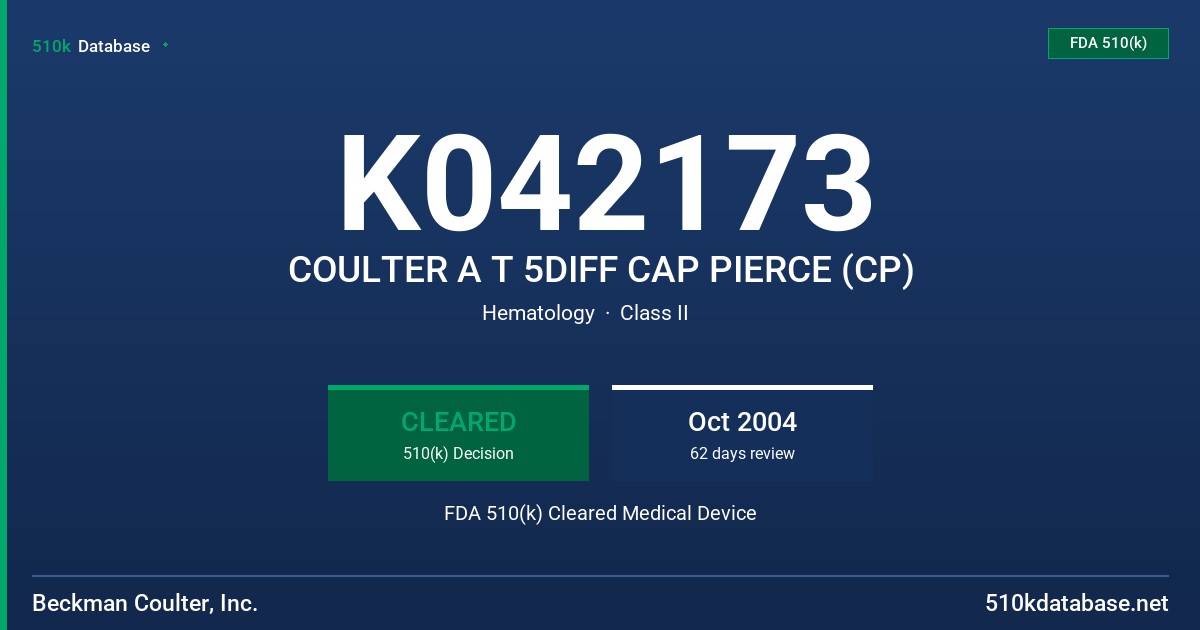 K042173 COULTER A T 5DIFF CAP PIERCE (CP) FDA 510(k) Cleared Medical Device