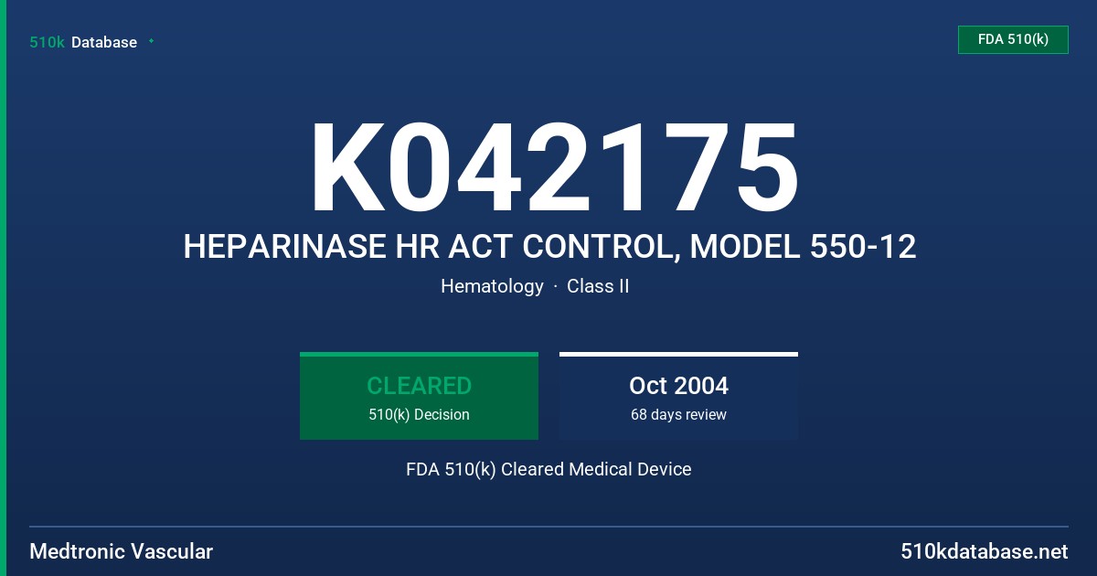 K042175 HEPARINASE HR ACT CONTROL, MODEL 550-12 FDA 510(k) Cleared Medical Device