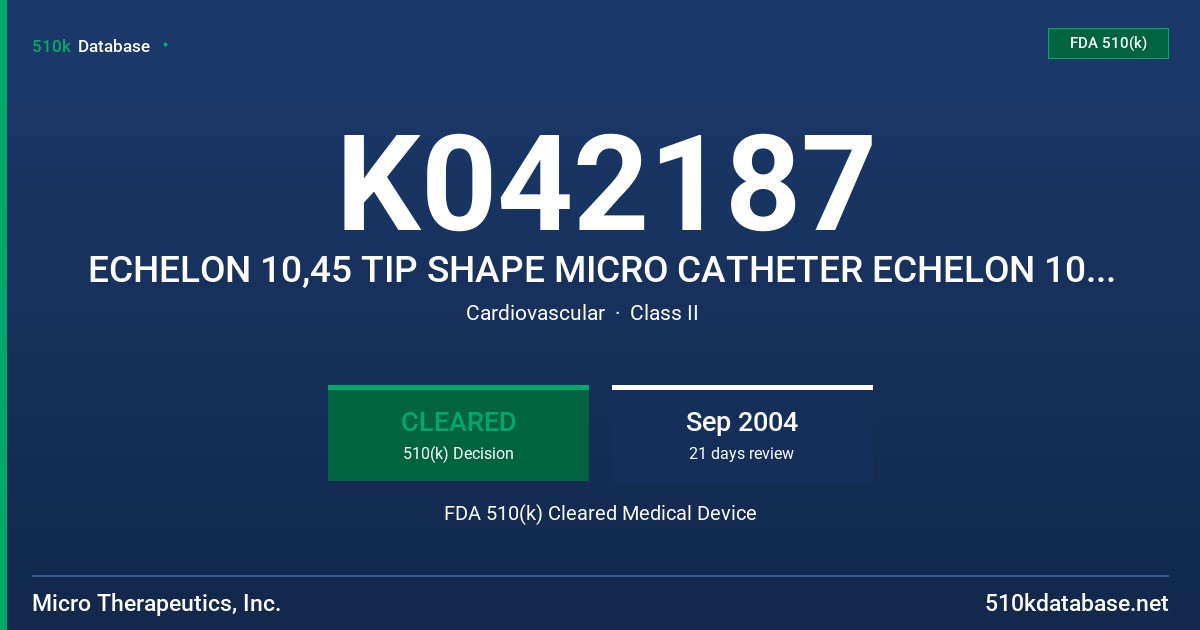 K042187 ECHELON 10,45 TIP SHAPE MICRO CATHETER ECHELON 10,90 TIP SHAPE MICRO CATHETER, ECHELON 14,45 TIP SHAPE MICRO CATHETER,90 FDA 510(k) Cleared Medical Device