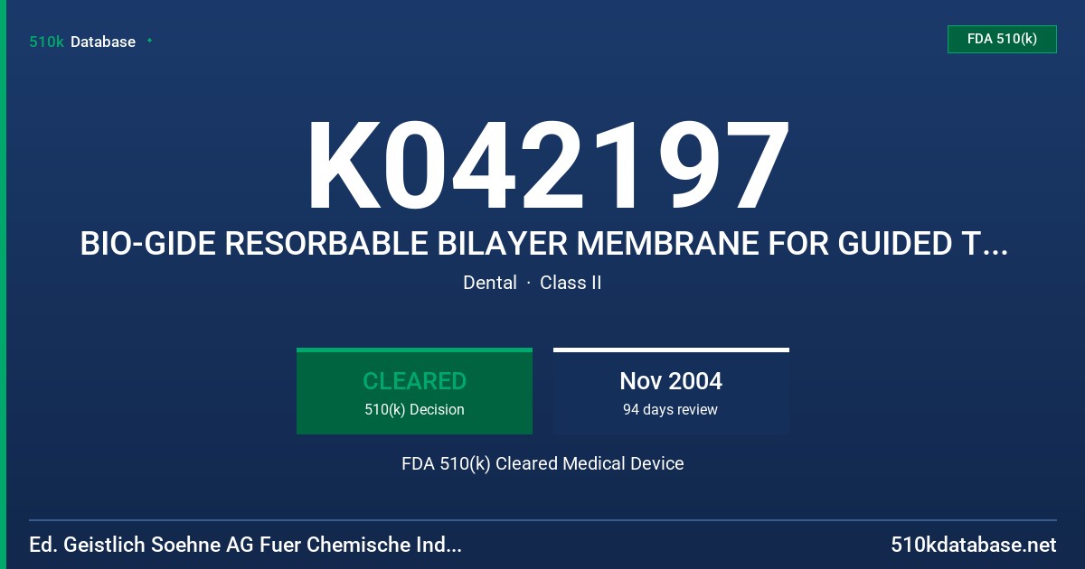 K042197 BIO-GIDE RESORBABLE BILAYER MEMBRANE FOR GUIDED TISSUE AND BONE REGENERATION FDA 510(k) Cleared Medical Device