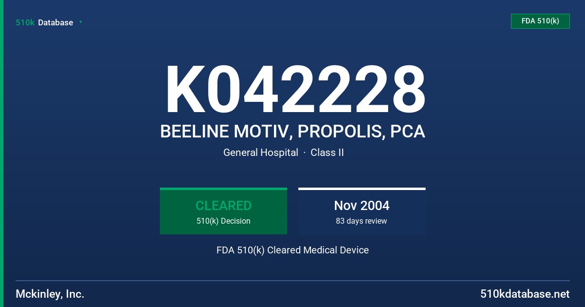 K042228 BEELINE MOTIV, PROPOLIS, PCA FDA 510(k) Cleared Medical Device