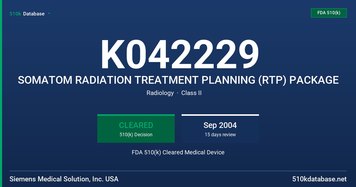 K042229 SOMATOM RADIATION TREATMENT PLANNING (RTP) PACKAGE FDA 510(k) Cleared Medical Device