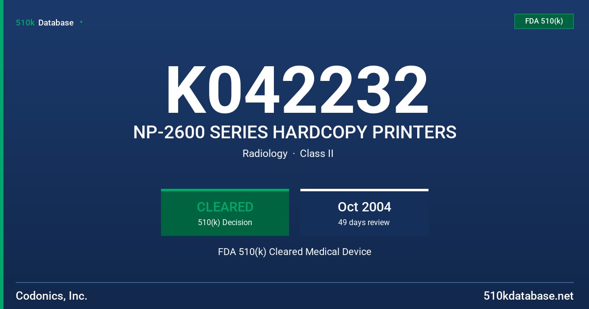 K042232 NP-2600 SERIES HARDCOPY PRINTERS FDA 510(k) Cleared Medical Device