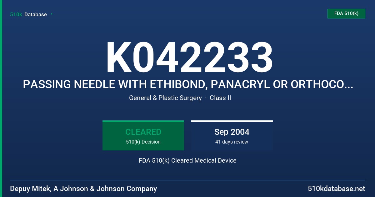 K042233 PASSING NEEDLE WITH ETHIBOND, PANACRYL OR ORTHOCORD SUTURE FDA 510(k) Cleared Medical Device