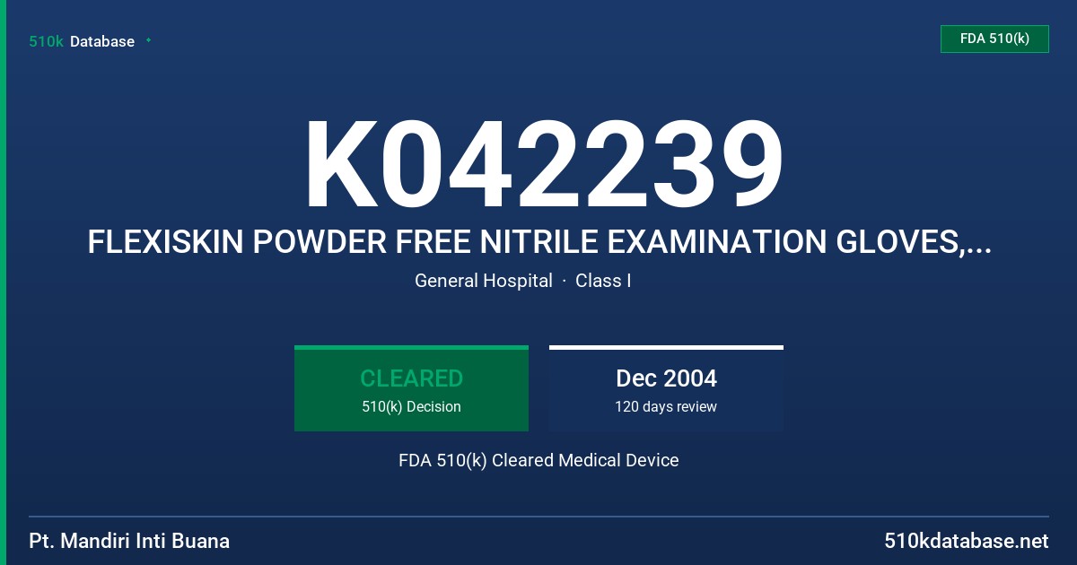 K042239 FLEXISKIN POWDER FREE NITRILE EXAMINATION GLOVES, NON STERILE FDA 510(k) Cleared Medical Device