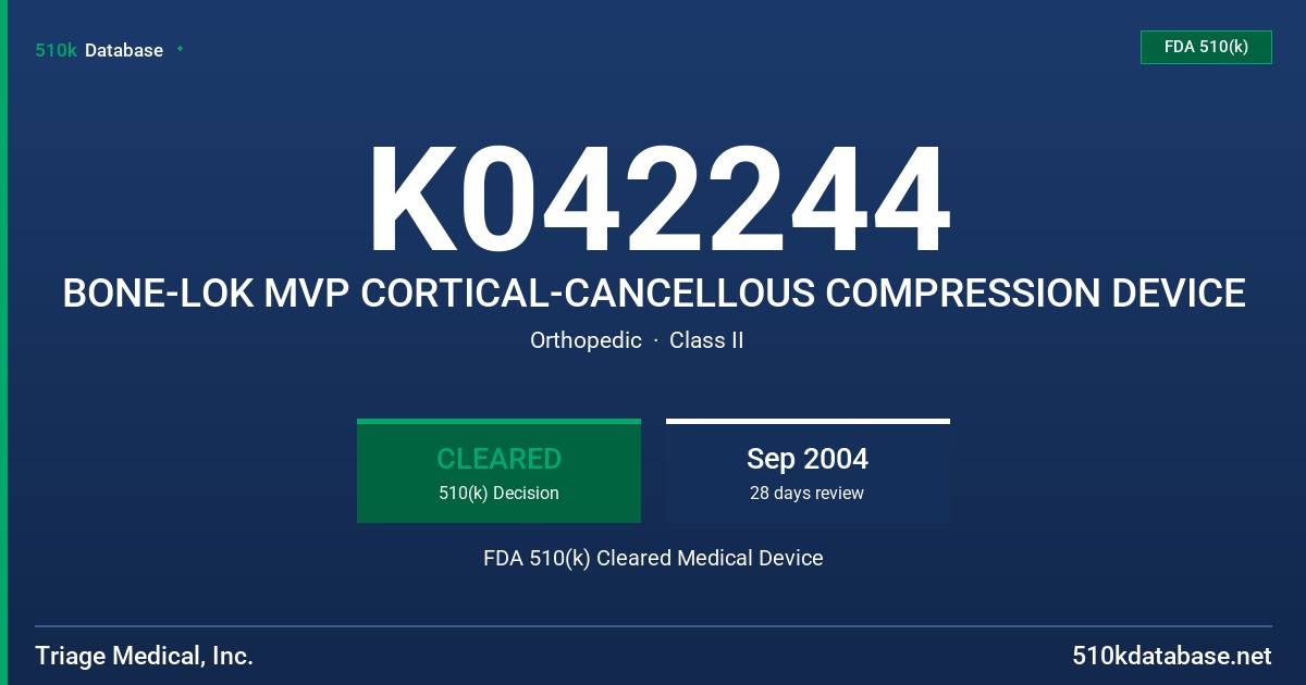 K042244 BONE-LOK MVP CORTICAL-CANCELLOUS COMPRESSION DEVICE FDA 510(k) Cleared Medical Device
