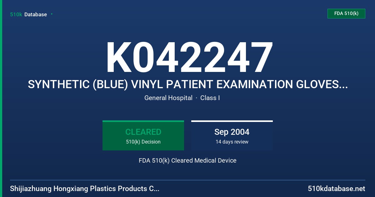 K042247 SYNTHETIC (BLUE) VINYL PATIENT EXAMINATION GLOVES - POWDER FREE FDA 510(k) Cleared Medical Device