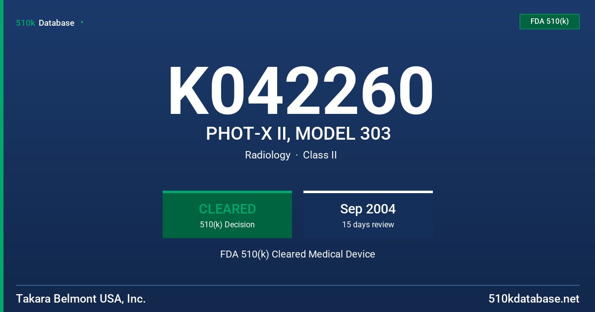 K042260 PHOT-X II, MODEL 303 FDA 510(k) Cleared Medical Device