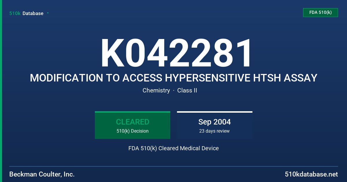 K042281 MODIFICATION TO ACCESS HYPERSENSITIVE HTSH ASSAY FDA 510(k) Cleared Medical Device