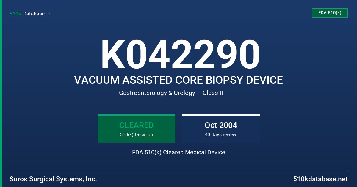 K042290 VACUUM ASSISTED CORE BIOPSY DEVICE FDA 510(k) Cleared Medical Device