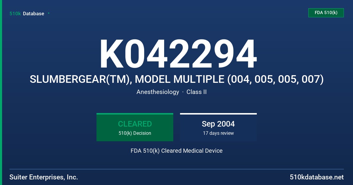 K042294 SLUMBERGEAR(TM), MODEL MULTIPLE (004, 005, 005, 007) FDA 510(k) Cleared Medical Device