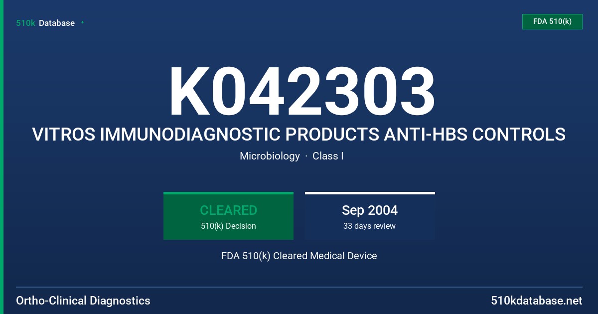 K042303 VITROS IMMUNODIAGNOSTIC PRODUCTS ANTI-HBS CONTROLS FDA 510(k) Cleared Medical Device