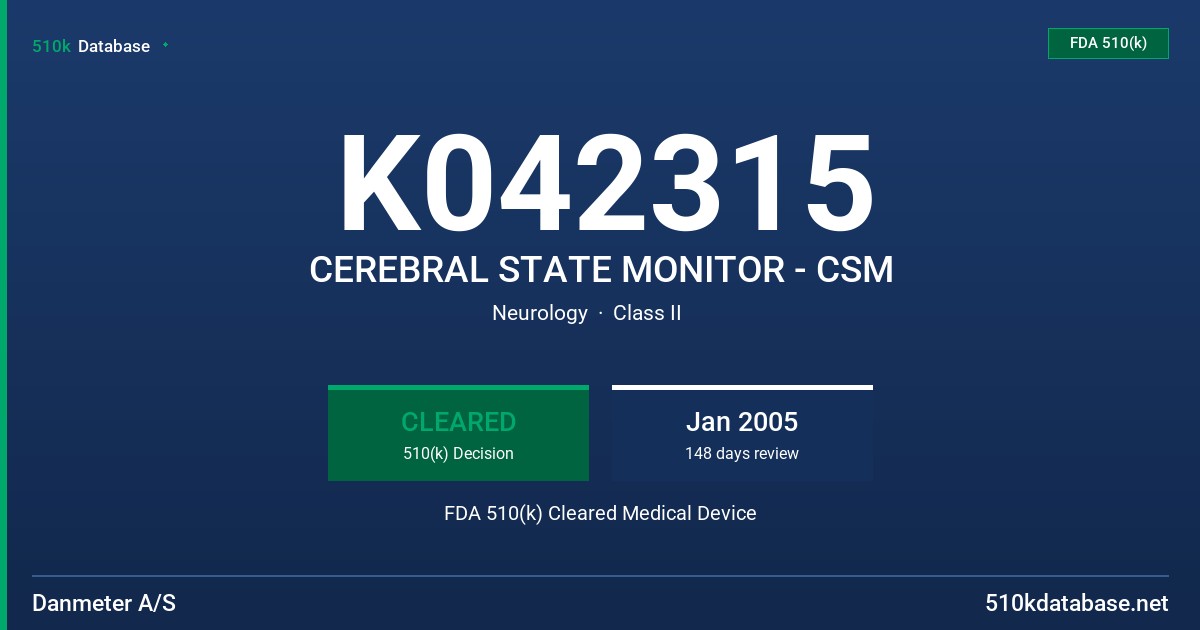 K042315 CEREBRAL STATE MONITOR - CSM FDA 510(k) Cleared Medical Device