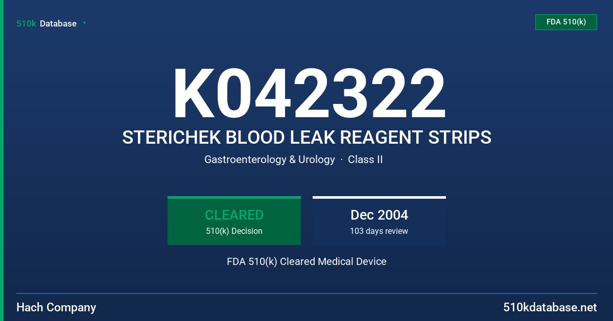 K042322 STERICHEK BLOOD LEAK REAGENT STRIPS FDA 510(k) Cleared Medical Device