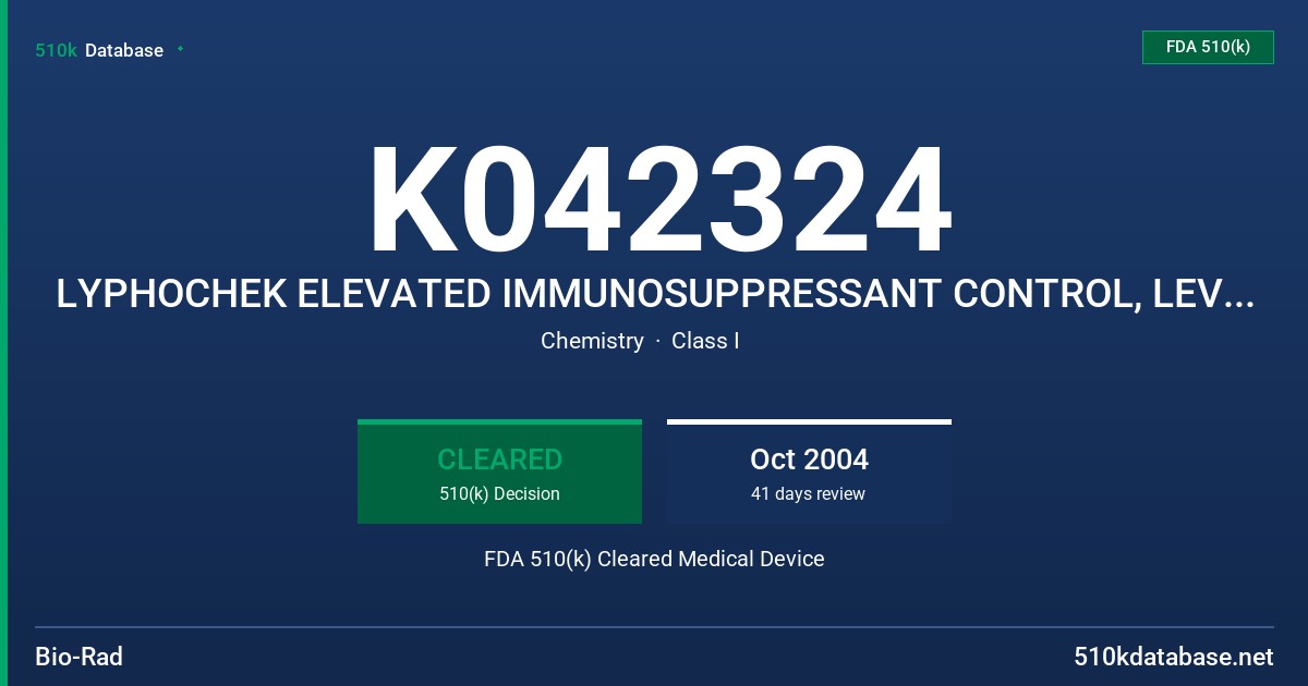 K042324 LYPHOCHEK ELEVATED IMMUNOSUPPRESSANT CONTROL, LEVEL 4, 5 FDA 510(k) Cleared Medical Device