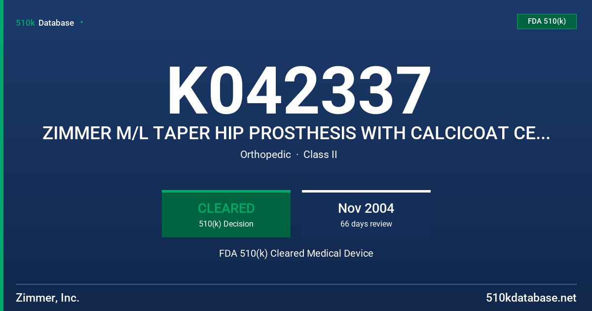 K042337 ZIMMER M/L TAPER HIP PROSTHESIS WITH CALCICOAT CERAMIC COATING FDA 510(k) Cleared Medical Device