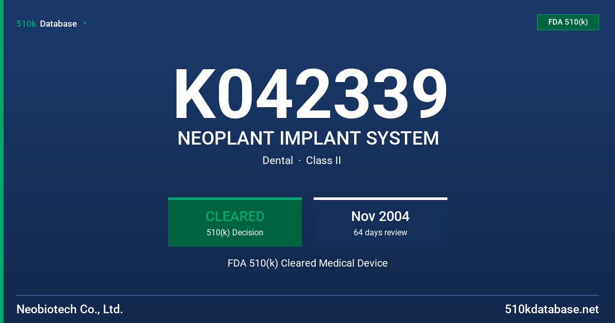 K042339 NEOPLANT IMPLANT SYSTEM FDA 510(k) Cleared Medical Device