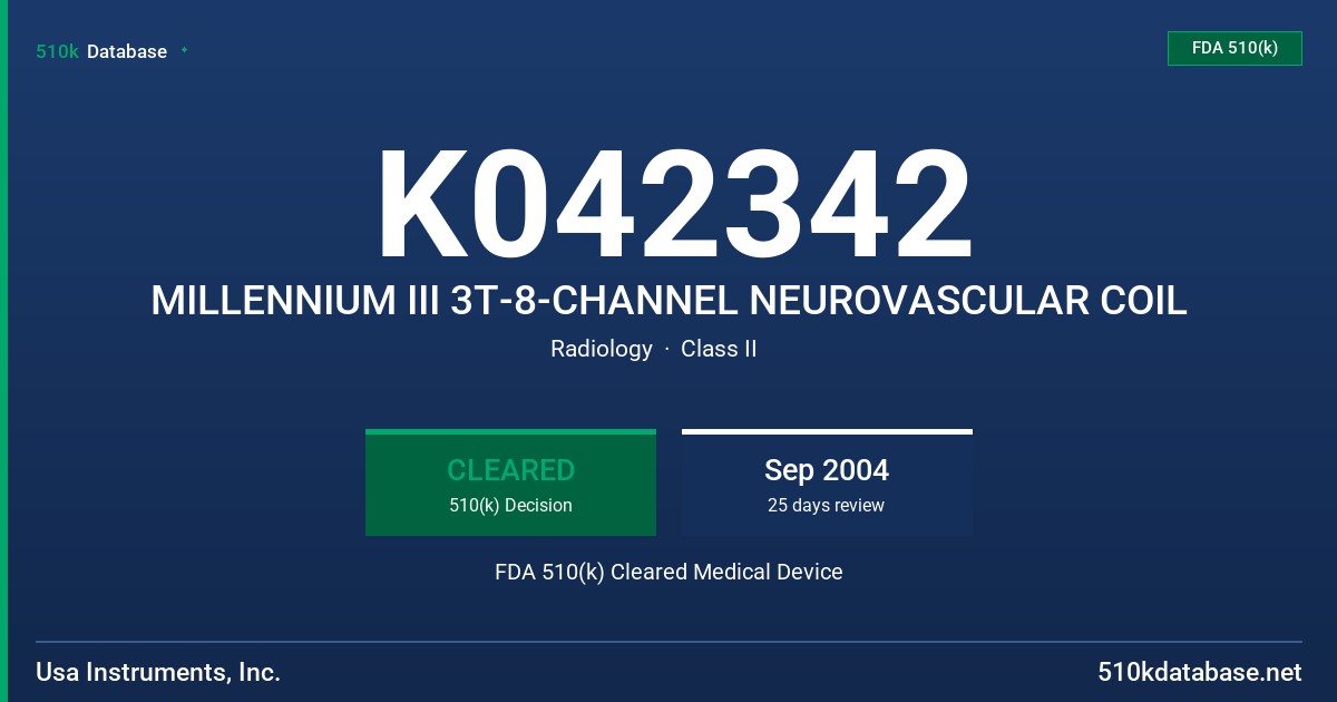 K042342 MILLENNIUM III 3T-8-CHANNEL NEUROVASCULAR COIL FDA 510(k) Cleared Medical Device