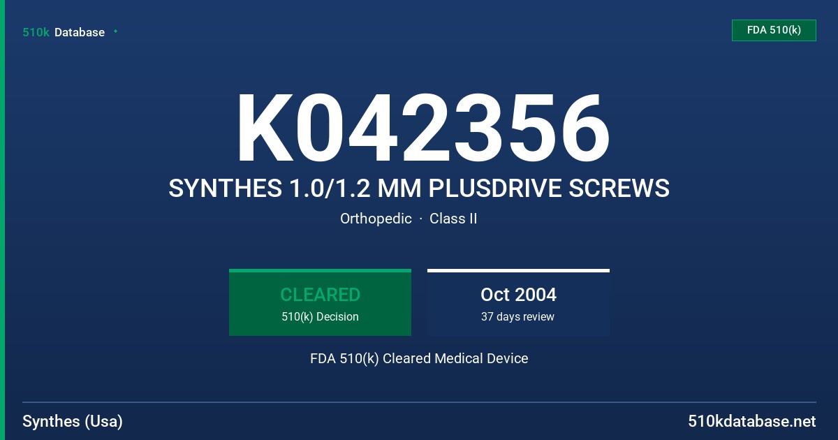 K042356 SYNTHES 1.0/1.2 MM PLUSDRIVE SCREWS FDA 510(k) Cleared Medical Device