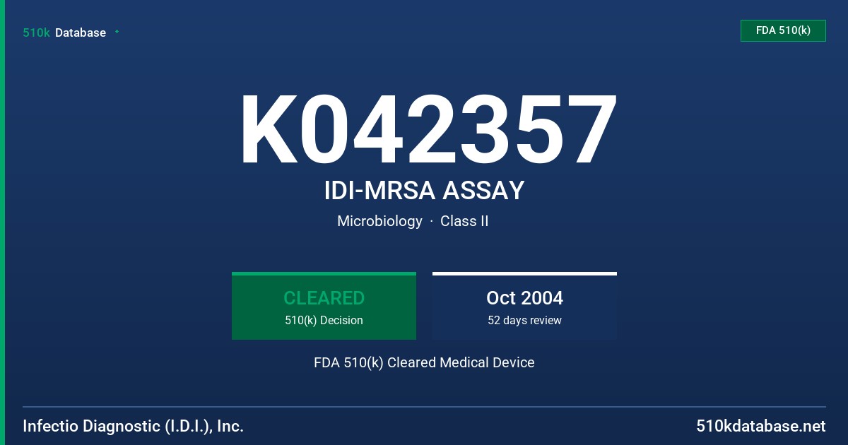 K042357 IDI-MRSA ASSAY FDA 510(k) Cleared Medical Device