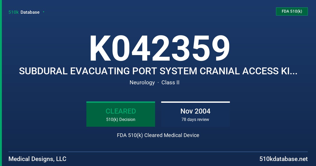 K042359 SUBDURAL EVACUATING PORT SYSTEM CRANIAL ACCESS KIT (SEPS-CA), (SEPS-CAL), (SEPS-CAND),MODELS 11-0401 CA, 11-0401-CAL FDA 510(k) Cleared Medical Device