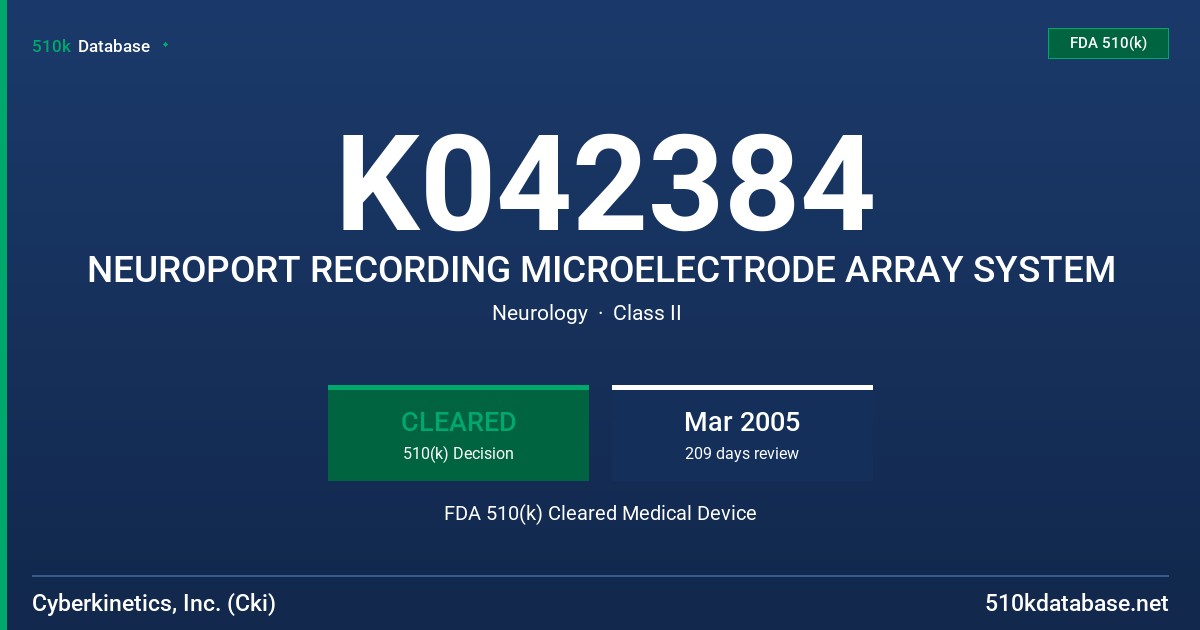 K042384 NEUROPORT RECORDING MICROELECTRODE ARRAY SYSTEM FDA 510(k) Cleared Medical Device
