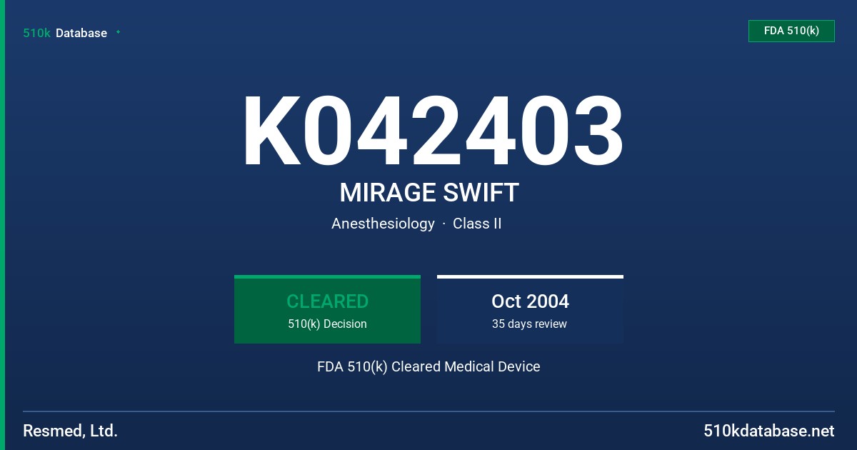 K042403 MIRAGE SWIFT FDA 510(k) Cleared Medical Device