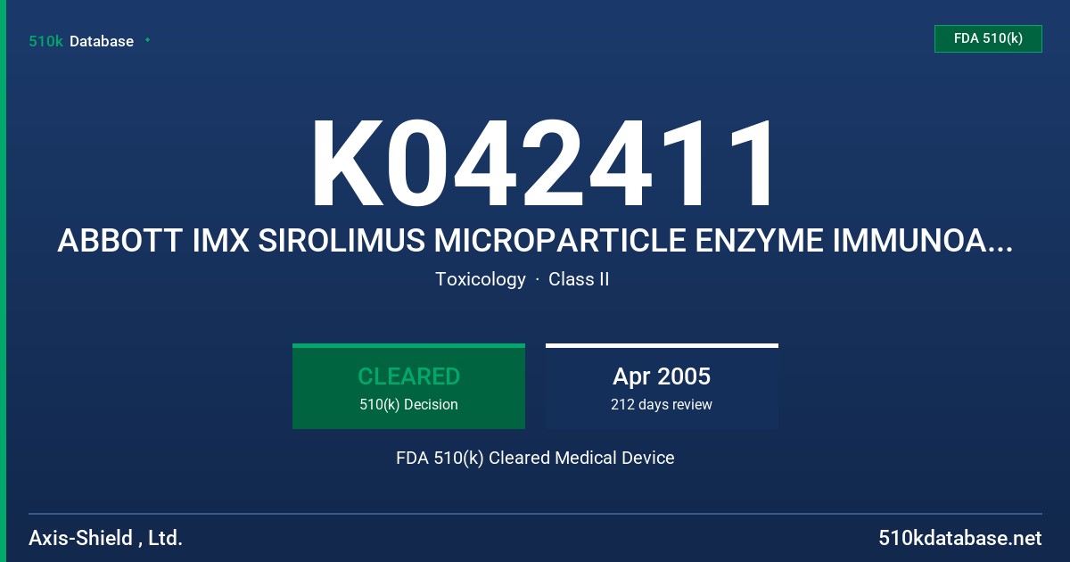 K042411 ABBOTT IMX SIROLIMUS MICROPARTICLE ENZYME IMMUNOASSAY FDA 510(k) Cleared Medical Device