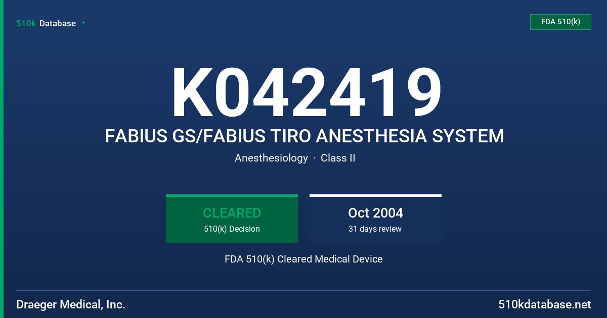 K042419 FABIUS GS/FABIUS TIRO ANESTHESIA SYSTEM FDA 510(k) Cleared Medical Device