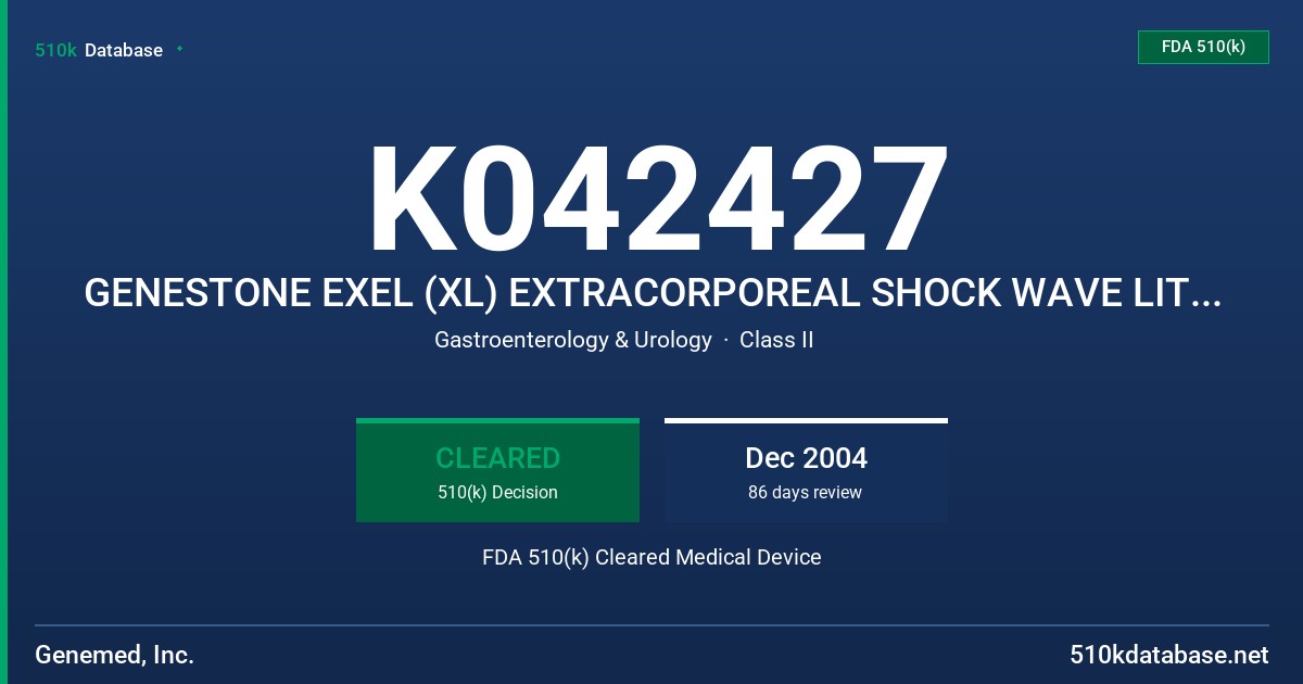 K042427 GENESTONE EXEL (XL) EXTRACORPOREAL SHOCK WAVE LITHOTRIPTER FDA 510(k) Cleared Medical Device