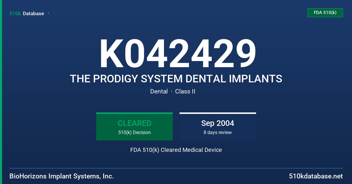 K042429 THE PRODIGY SYSTEM DENTAL IMPLANTS FDA 510(k) Cleared Medical Device
