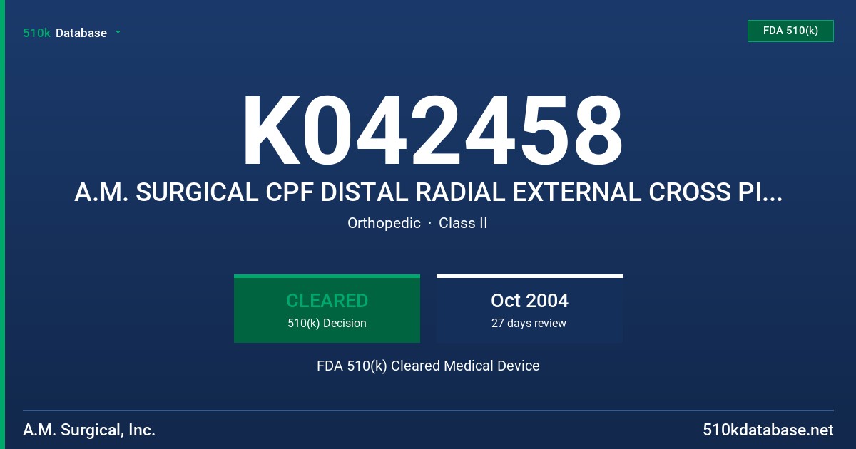 K042458 A.M. SURGICAL CPF DISTAL RADIAL EXTERNAL CROSS PIN FIXATION SYSTEM FDA 510(k) Cleared Medical Device