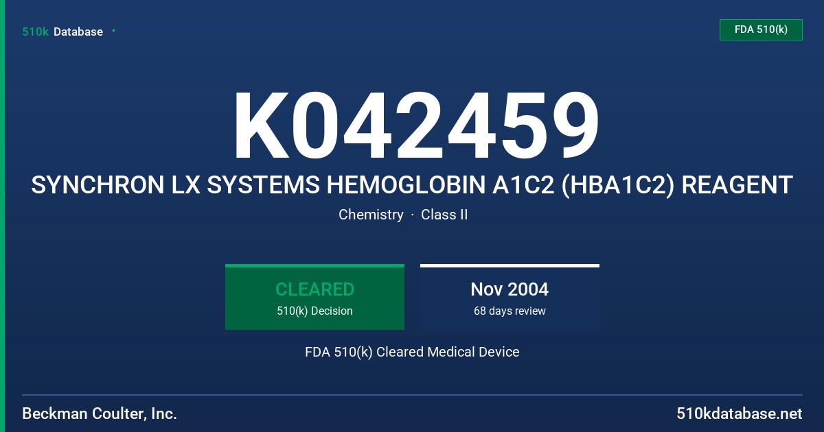 K042459 SYNCHRON LX SYSTEMS HEMOGLOBIN A1C2 (HBA1C2) REAGENT FDA 510(k) Cleared Medical Device
