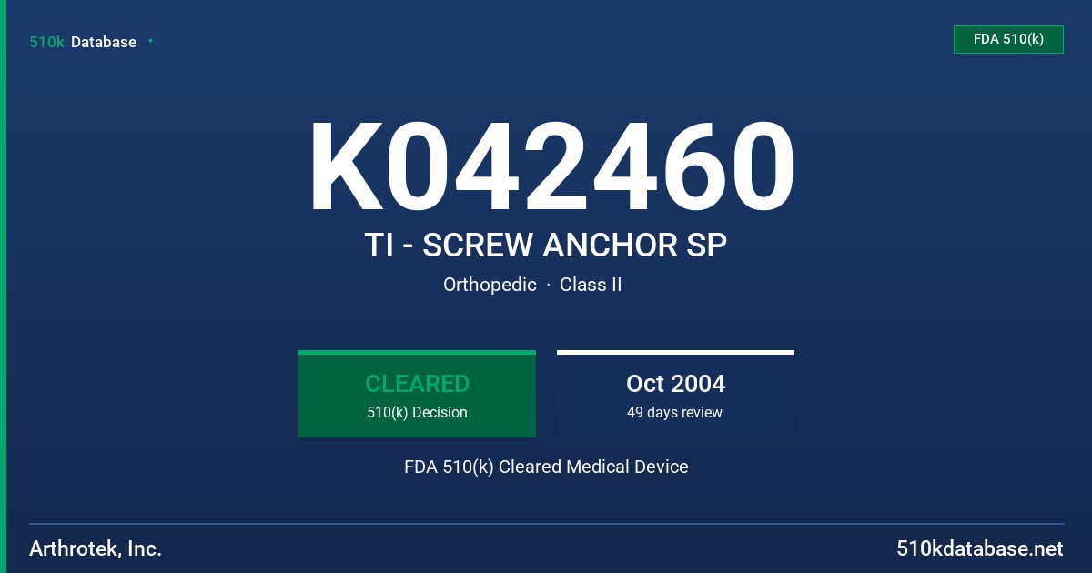 K042460 TI - SCREW ANCHOR SP FDA 510(k) Cleared Medical Device