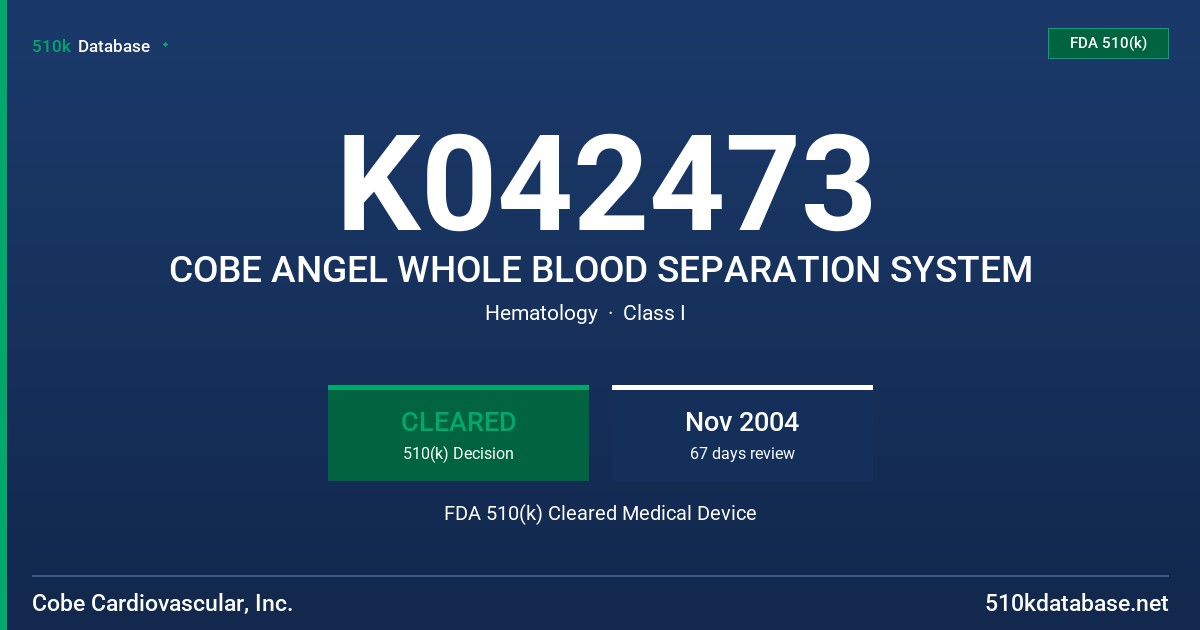 K042473 COBE ANGEL WHOLE BLOOD SEPARATION SYSTEM FDA 510(k) Cleared Medical Device