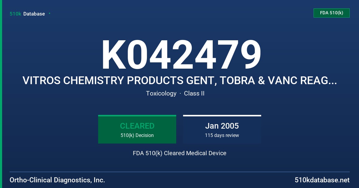 K042479 VITROS CHEMISTRY PRODUCTS GENT, TOBRA & VANC REAGENTS FDA 510(k) Cleared Medical Device