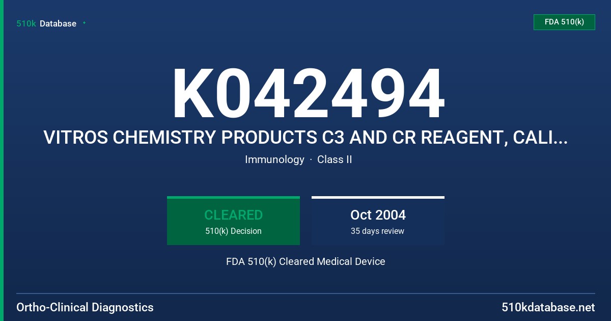 K042494 VITROS CHEMISTRY PRODUCTS C3 AND CR REAGENT, CALIBRATOR KIT 20, PROTEIN PERFORMANCE VERIFIERS I, II, AND III FDA 510(k) Cleared Medical Device