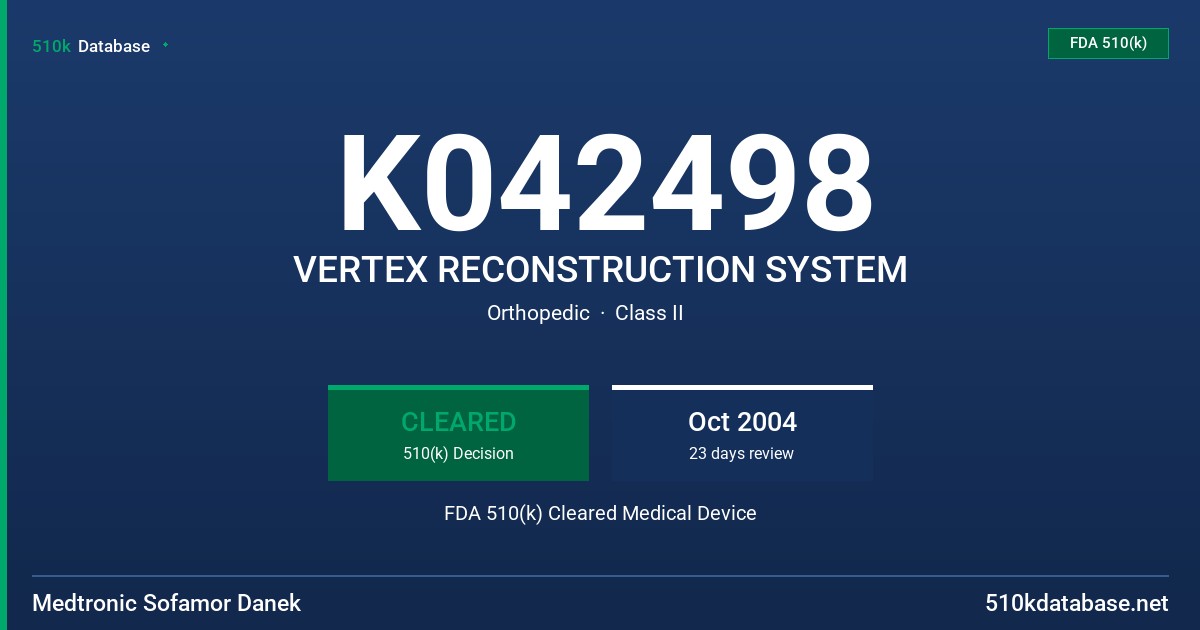 K042498 VERTEX RECONSTRUCTION SYSTEM FDA 510(k) Cleared Medical Device