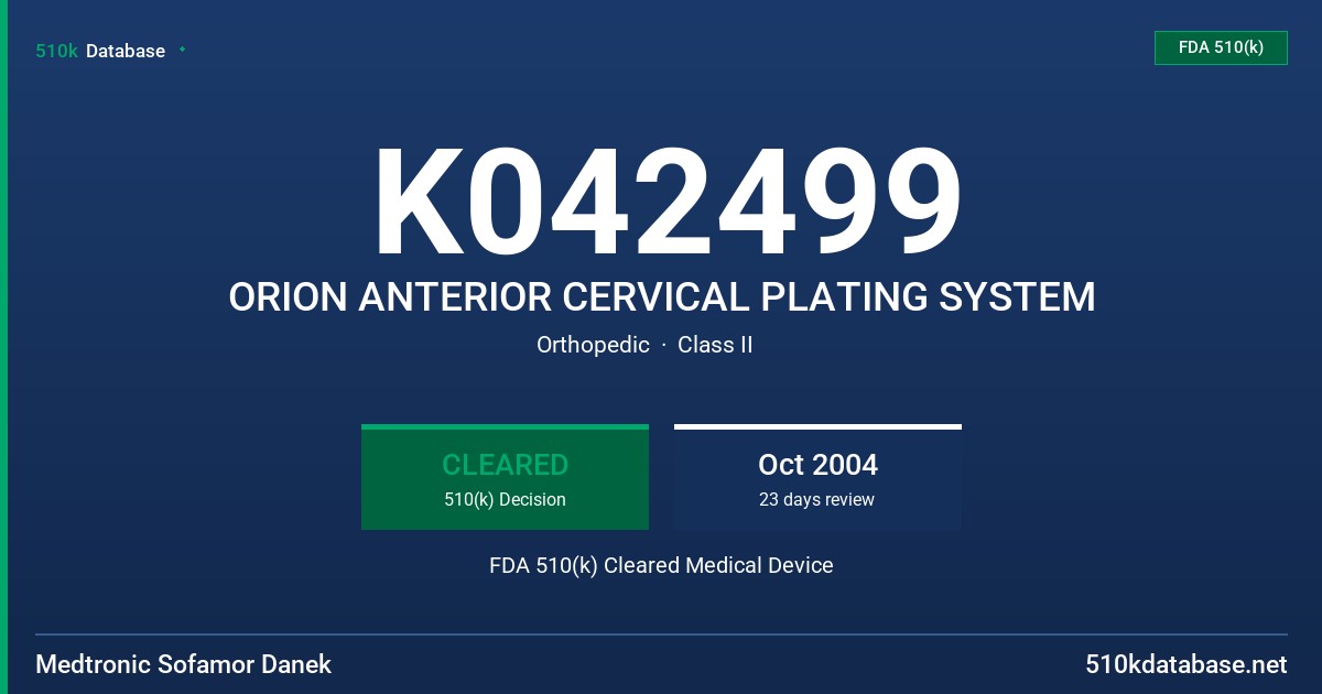 K042499 ORION ANTERIOR CERVICAL PLATING SYSTEM FDA 510(k) Cleared Medical Device