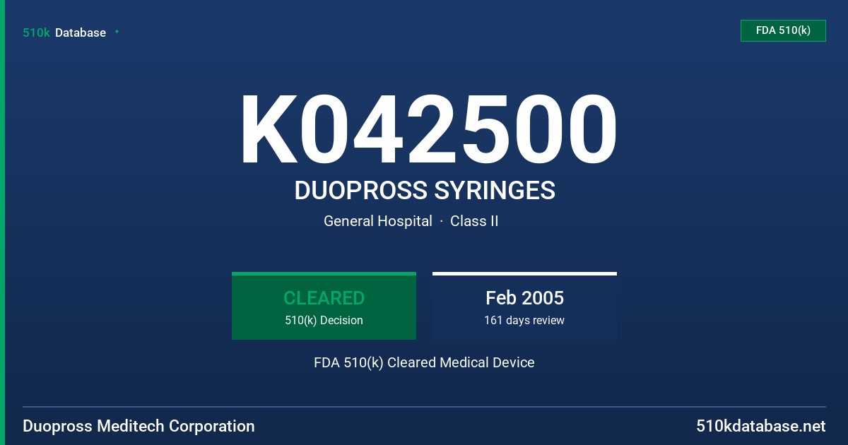K042500 DUOPROSS SYRINGES FDA 510(k) Cleared Medical Device