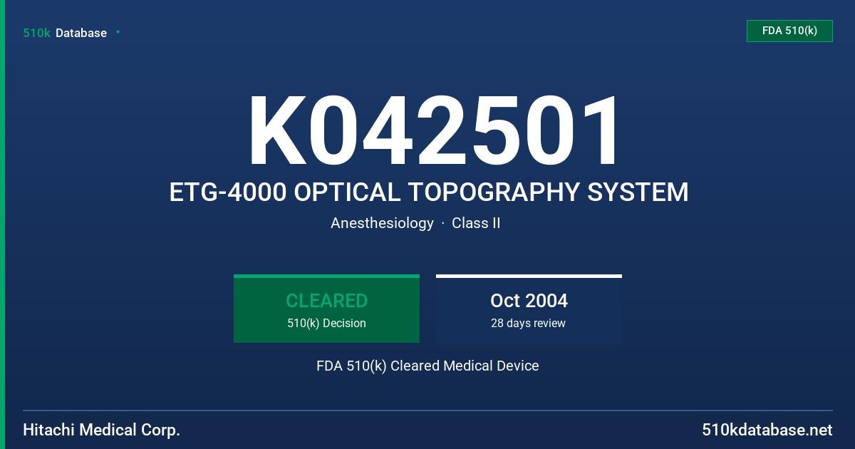 K042501 ETG-4000 OPTICAL TOPOGRAPHY SYSTEM FDA 510(k) Cleared Medical Device